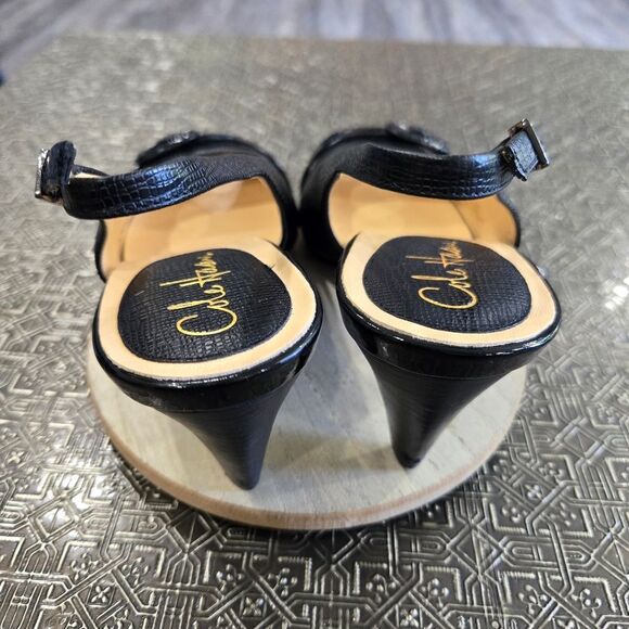 🐢 Cole Haan Black Snake Skin Adjustable Strap  Buckle Open Toed Pump 10B - Picture 9 of 16